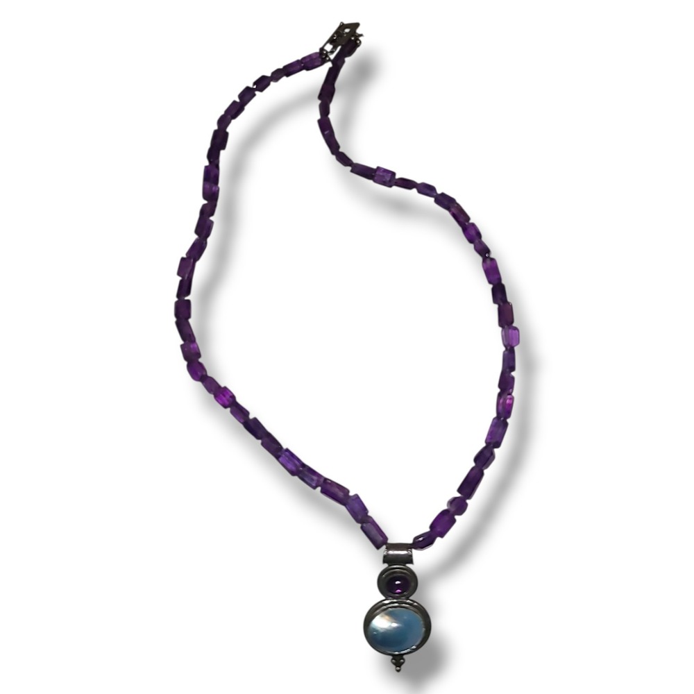 Sterling 925 Amethyst Opalite Pendant Necklace Purple Glass Beads 17.5"